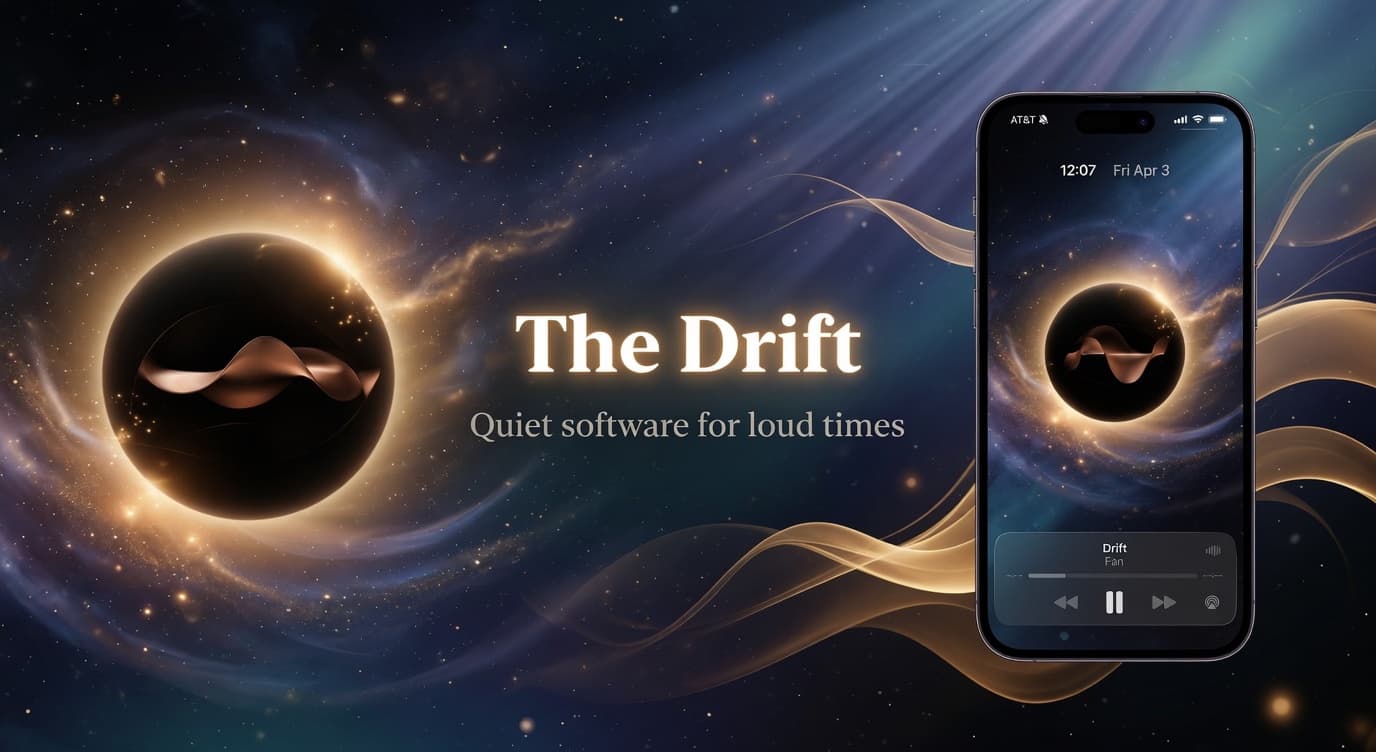 Drift app interface showing spatial sound orbs on a dark canvas with ambient controls