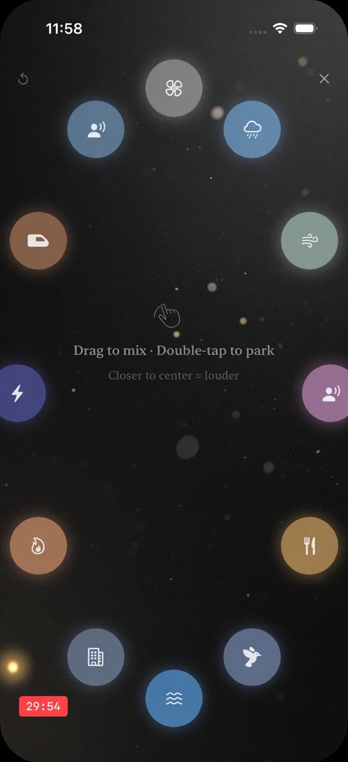 Drift orb canvas showing all sound orbs in reset position