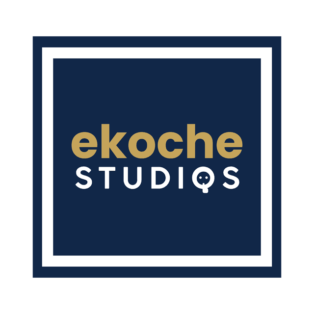 Ekoche Studios logo - gold and white lettering on navy blue